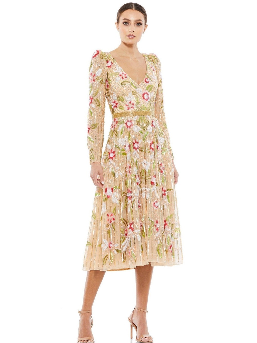Mac Duggal 5415 Beaded Floral Midi Dress w/ Long Sleeves Size 16